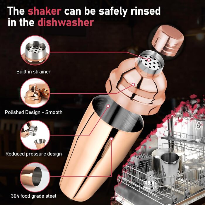 Набір шейкер для коктейлів 750мл з вбудованим ситом - професійний барний набір з мірним стаканчиком та барною ложкою. Для Мартіні, Маргарити та коктейлів (Рожеве золото)
