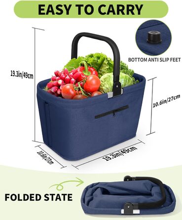 Складаний кошик для покупок 35L з 2 стійками, сімейний, з алюмінієвою ручкою, водовідштовхуючий, для пікніків, подорожей, кемпінгу, подарунок (Синій, 35L (48x28x26cm))