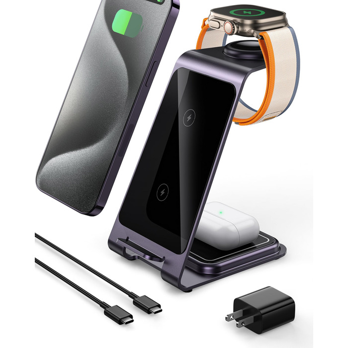 Бездротова зарядка Induktive з підтримкою MagSafe для iPhone 16 Pro/16/16 Pro Max/15 Pro/15/15 Pro Max, Apple Watch 10/Ultra 2/SE/9/8/7/6/5/4/3/2 та AirPods 4/3/2/Pro (фіолетовий)