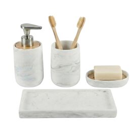 Набір для ванної кімнати 4 предмети з піддоном - дозатор для мила (цинковий сплав), стакан для зубних щіток, мильничка та поличка - мармуровий малюнок, бамбук - сучасний органайзер Marble
