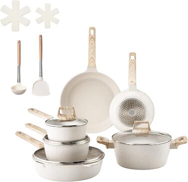 Набір посуду VEVOR індукційний 17 предметів з кришками, антипригарне покриття, для плити, кухні, кемпінгу - білий