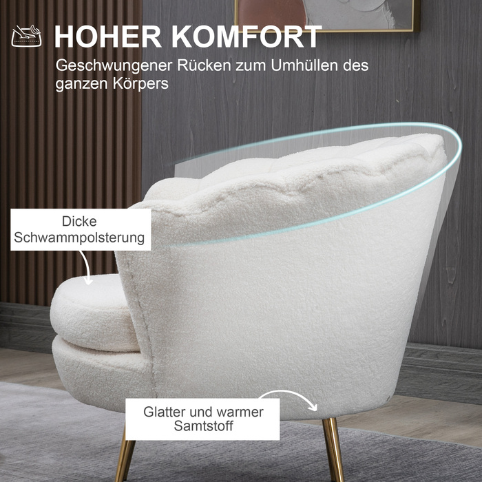Крісло HOMCOM у формі мушлі, крісло-релакс з металевими ніжками, крісло для макіяжу з ефектом флісу, для спальні та вітальні, біле | Aosom