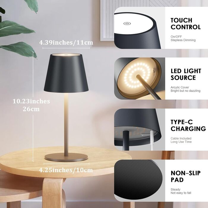 Акумуляторний LED світильник настільний 2 шт, 26 см, 5000mAh, 3W, теплий білий (3000K), водонепроникний IP54, для ресторану, спальні, бару, антрацит