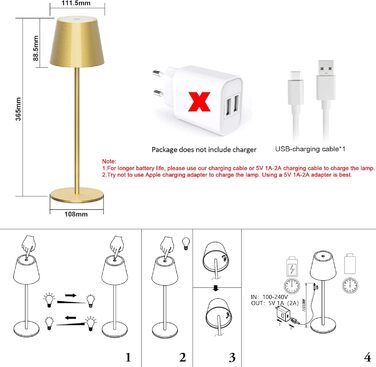 Klighten 2 шт. LED Диммерні акумуляторні настільні лампи бездротові, перезаряджаються, тепле світло 3000K, для внутрішнього та зовнішнього використання з USB-C, алюміній, IP54 водонепроникні, 2 шт. (Золотий, 2 шт.)