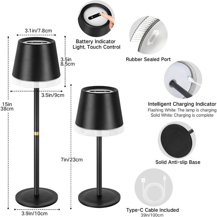 Світлодіодний настільний світильник OUTON з акумулятором, USB-C, 4000mAh, 3 режими освітлення, димування, сенсорне управління, чорний (2 шт)
