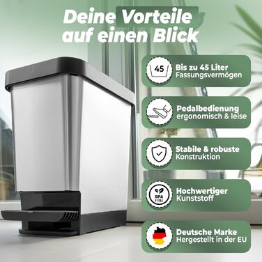Novaliv Відро для сміття з педальним приводом 45L - сталеве відро для сміття з кришкою, герметичне, для кухні та інших приміщень