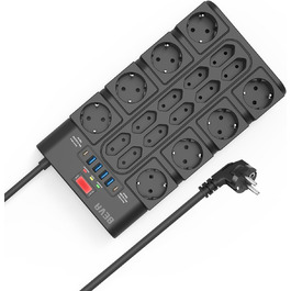 Мережевий фільтр BEVA з 18 розетками, 3680W/16A, захист від перенапруги 2100J, 2 USB-C (15W) + 4 USB-A, з вимикачем, для офісу та дому
