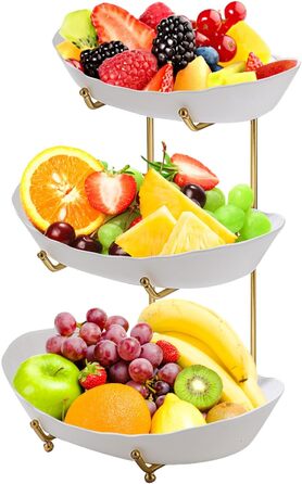 Стійка для фруктів та овочів JurciCat з 3 ярусами, золотий металевий каркас, білі пластикові миски