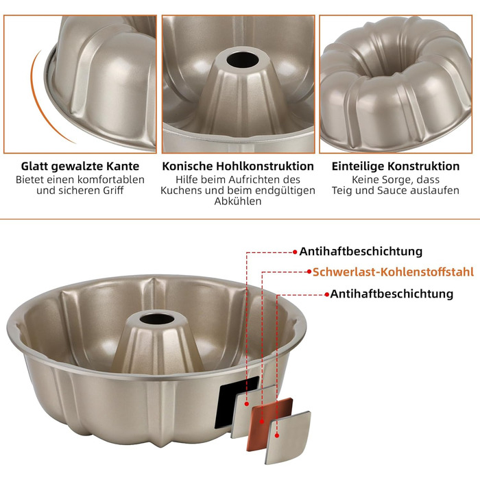 Форма для кексів Onader Gugelhupfform, 25.5 см, з антипригарним покриттям, з нержавіючої сталі, для випікання кексів, хліба, тортів. Золотий колір