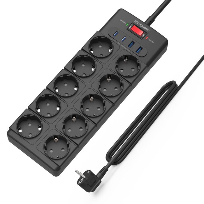 Мережний фільтр IECOPOWER на 10 розеток з USB (PD 20W, 2x USB-C, 2x USB-A), захист від перенапруги 4000W/16A, 1050J, з вимикачем, кабель 2м, чорний
