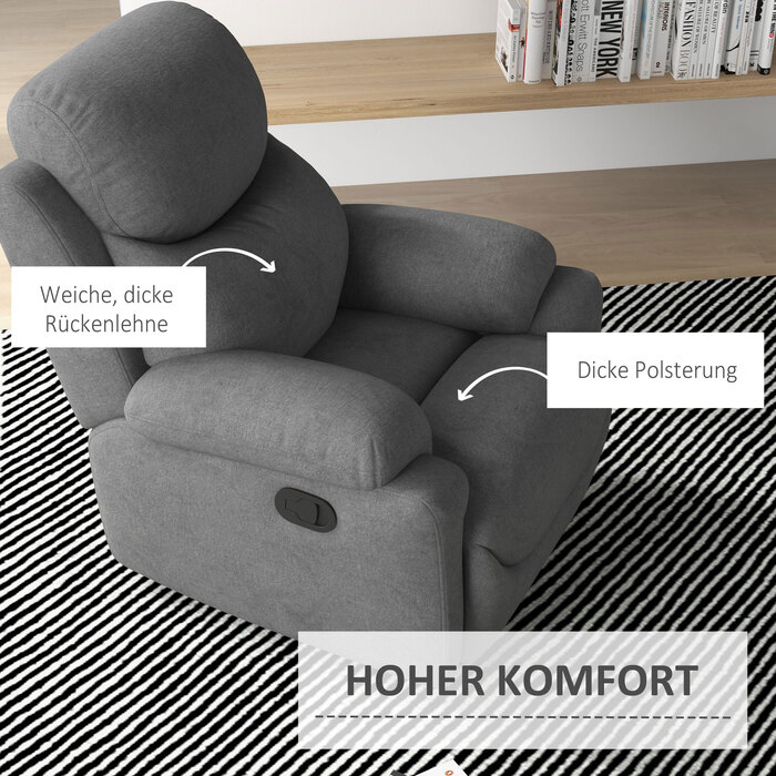 Крісло для телевізора HOMCOM з регульованим нахилом спинки, крісло-реклайнер, м'яке крісло для перегляду телевізора з текстурою льону, крісло для відпочинку в спальні, сірого кольору.