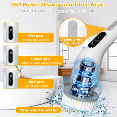 Електрична щітка для прибирання 9 в 1, 3 швидкості, регульована ручка 125 см, для ванної, кухні, плитки та авто