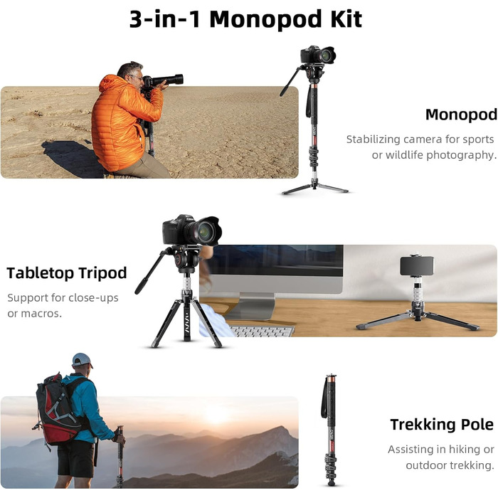 Штатив відео Cayer CF34DV з вуглецевого волокна 71 дюйм, з шарнірним голковим кріпленням та триногим основанням для DSLR-камер та відеокамер, з додатковою ковзною платформою