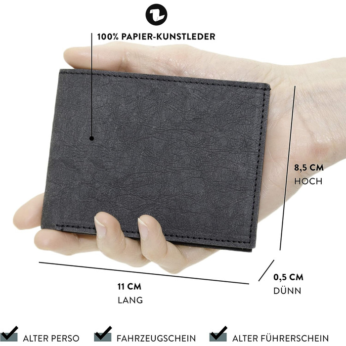FRITZVOLD MINIMAL Wallet, RFID Protection & Expanded Coin Pocket, Small, Thin Wallet for Men, Extremely Flat Wallet, Slim Wallet, Wallet made of Washable Paper Leather, Black