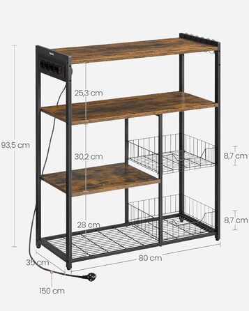 Стелаж кухонний VASAGLE з розетками, підлоговий з 2 металевими кошиками, стелаж пекаря з гачками, полиці, 35 x 80 x 93,5 см, індустріальний дизайн, вінтажний коричневий + чорний, KKS196K01