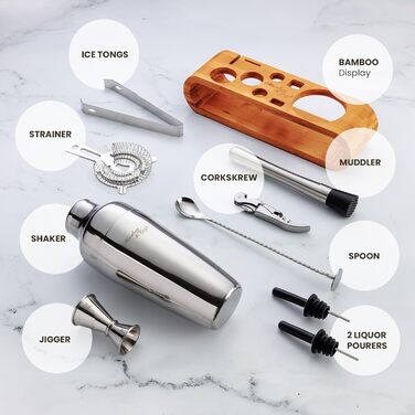 Набір для приготування коктейлів Mixology & Craft Cocktail Set (10 предметів) - Набір шейкерів та барного аксесуару з нержавіючої сталі з підставкою з бамбука. Декоративний подарунковий набір, сріблястий.