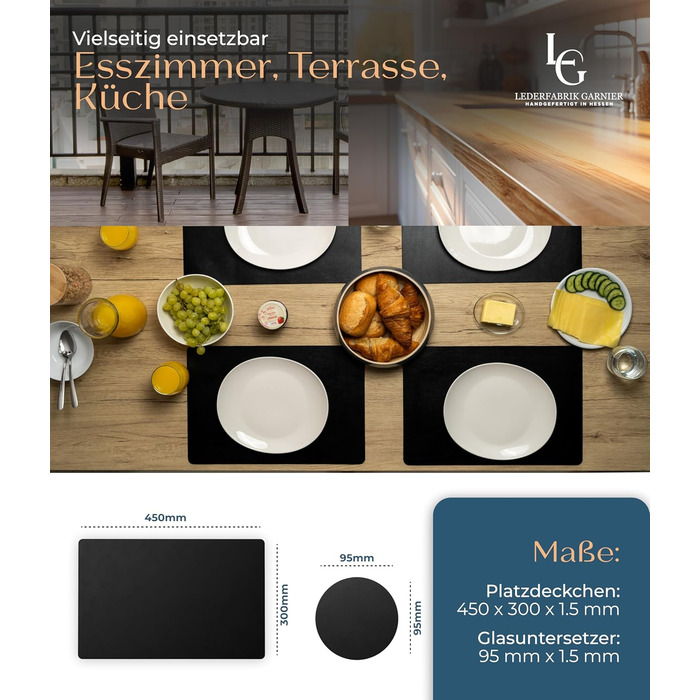 Table Placemats Washable 4-Pack – Sustainable, Stable & Non-Slip – High-Quality Recycled Leather, Made in Germany (Black)