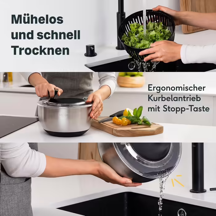 Stainless Steel Salad Spinner 4.5L Large & Non-Slip Bottom - Salad Spinner with Crank Mechanism & Stop Button - BPA-Free & Dishwasher Safe