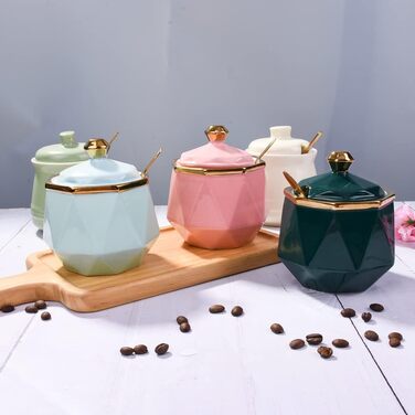 Sugar bowl with lid and spoon, 270 ml ceramic sugar bowl, multifunctional sugar container, spice container, salt shaker, spice dishes, sugar bowl for the kitchen, organization, 280 ml (pink)