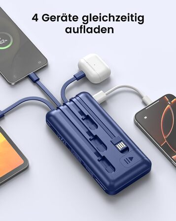 Powerbank 26800mAh з 4 вбудованими кабелями, 22.5W, LED дисплеєм та підставкою, блакитний. Сумісний з iPhone, iPad, Samsung Galaxy.