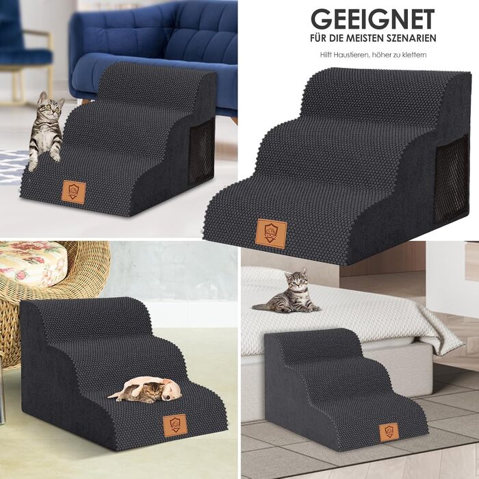 Myiosus Dog Stairs, 2 Steps Pet Stairs, Waterproof Dog Steps Made of Sponge, Non-Slip Dog Ramp for Sofa Bed, Washable Cover Dog Stairs, Portable Cat Stairs (Dog Stairs 3 Steps, Black)