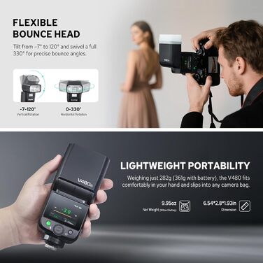 Спалахувач Godox V480F TTL для камер Fujifilm, сенсорний екран, гнучкий поворотний наголовник, дифузор, GN50, HSS 1/8000s, до 650 спалахів на повній потужності, час перезарядки 1.7 сек.