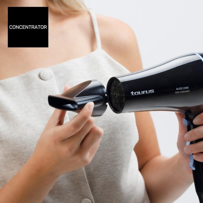 Фен Taurus Alize 2200 з іонізацією та керамічним покриттям | 6 режимів, холодний потік, концентратор та дифузор | Чорний