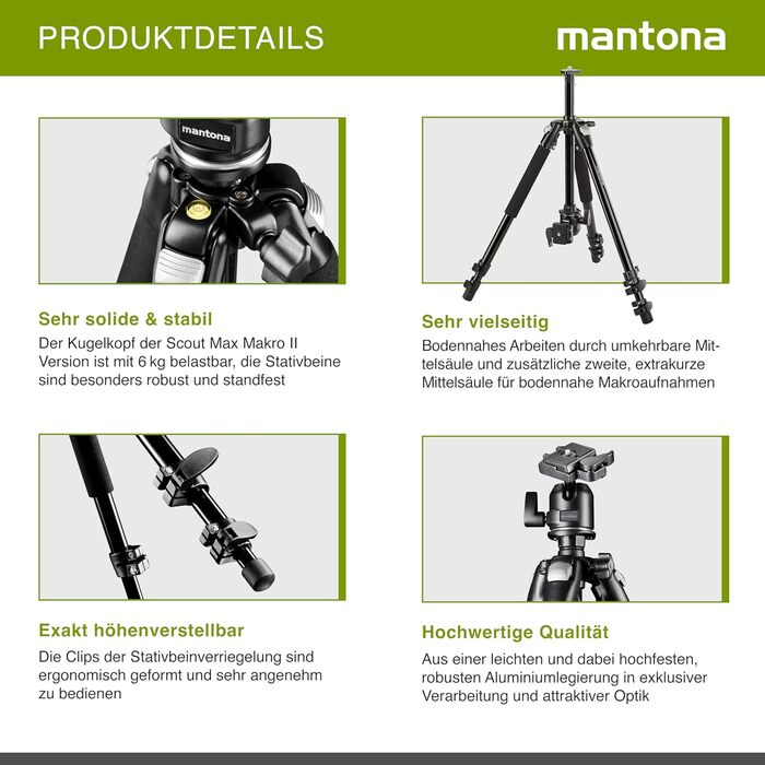 Фотоштатив Mantona Basic Scout Makro — компактний штатив для DSLR камер та макрозйомки, висота до 153 см, з реверсивною та додатковою короткою центральною колоною для outdoor фотографії