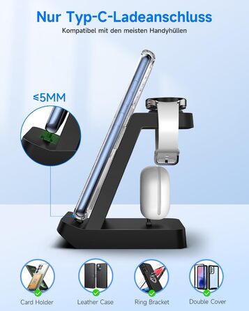 Seacosmo Зарядна станція 3-в-1, 18W для Samsung Galaxy Buds, A55/A54/A35/A34/A16/A15/A14/A06, Galaxy Watch 8/7/6/5/4/3/2/Pro/Classic/Active - Бездротовий зарядний пристрій, чорний