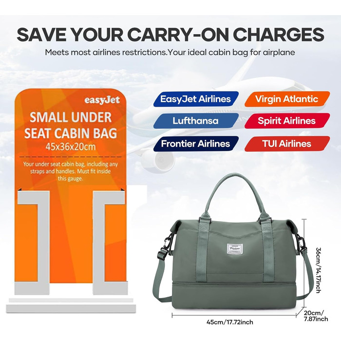 Спортивна сумка для жінок Easyjet 45x36x20 (32L) - водонепроникна дорожня сумка, фітнес-сумка з відділенням для взуття, сірий/армійський колір