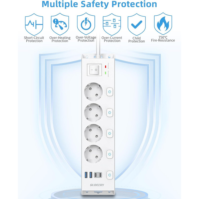 Мережевий фільтр Steckdoseleiste 5-фазний з індивідуальним вимикачем, захистом від перенапруги 1050J, для дому та офісу, кабель 2м (4 фази з USB, білий)