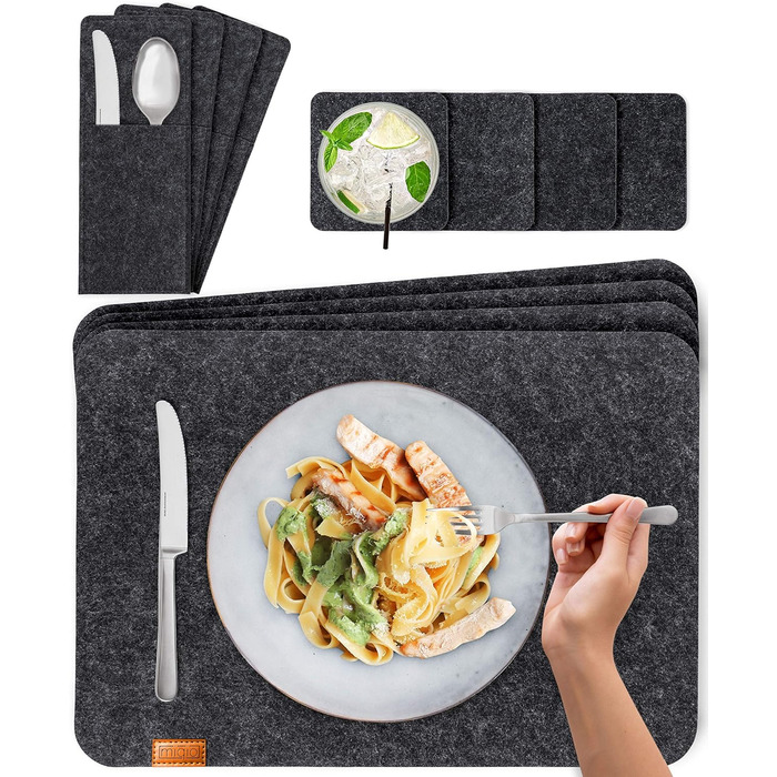 Felt Table Placemats - Set of 24 Table Coasters - Washable Felt Placemats - 8 Placemats, Glass Coasters, Cutlery Pouches | Dark Gray | Square Felt Coasters - Placemats for Christmas