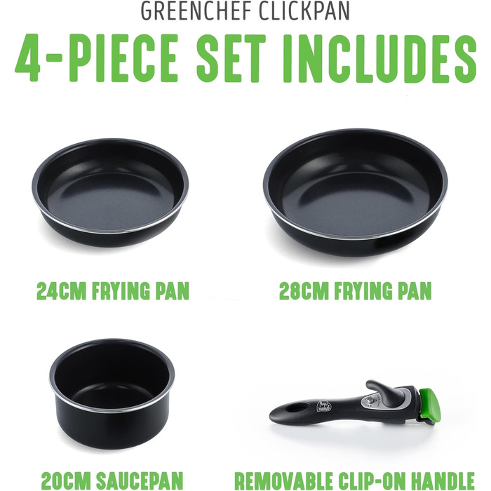 Набір каструль GreenChef ClickPan з керамічним антипригарним покриттям, 3 предмети (16см/1,6л та 20см/3,1л), знімна ручка, PFAS-free, універсальні, компактні, для індукції, можна мити в посудомийній машині, чорні. 4-елементний набір каструль і сковорідок.