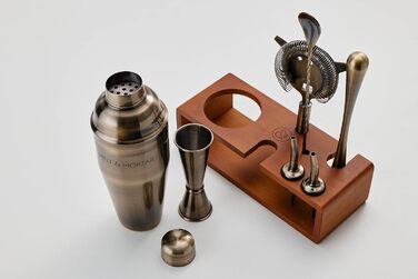 Набір для коктейлів Mint&Mortar 7 шт. з бамбуковим підставкою, з нержавіючої сталі, барменський набір з інструментами для дому та професійного використання, 680 мл, міксер (чорний) з щіткою золота