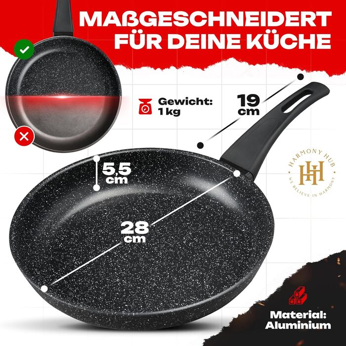 Сковорода HARMONY HUB 28 см з антипригарним покриттям – індукційна сковорода з індикатором нагріву, для всіх типів плит, довговічна, без PFOA, чорна