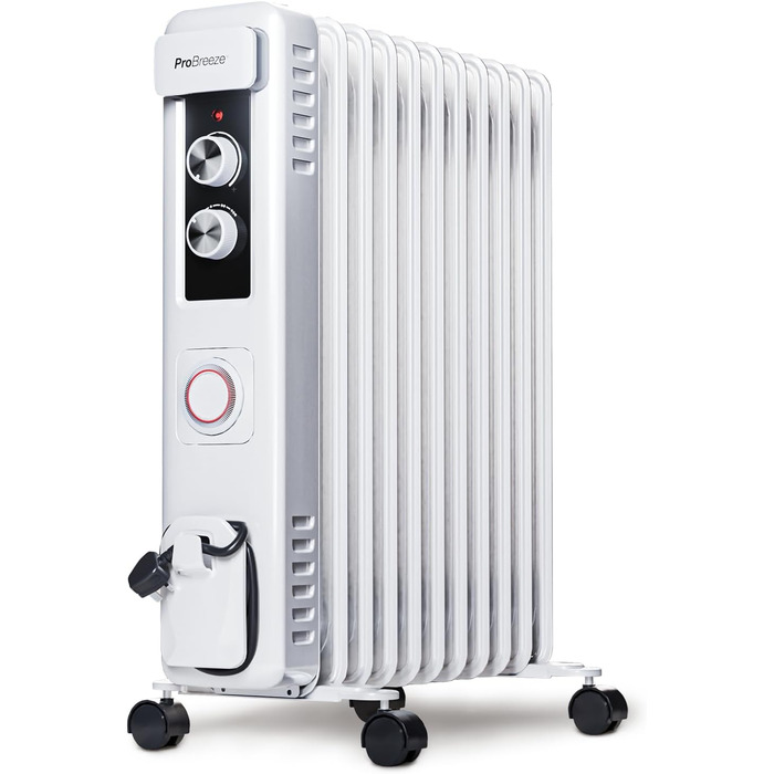 Pro Breeze 2500W Oil Radiator with 11 Heating Ribs, Electric Heater, 24h Timer, Energy-Saving Oil Radiator, 3 Heating Levels, Adjustable Thermostat & Safety Shut-Off Function White