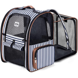 Рюкзак для кота Lekebobor, розширюваний, переноска для тварин, для маленьких собак та середніх котів до 8 кг, складний, для подорожей та походів, блакитний в смужку, 12.6'L x 11.2'W x 16.5'H - L