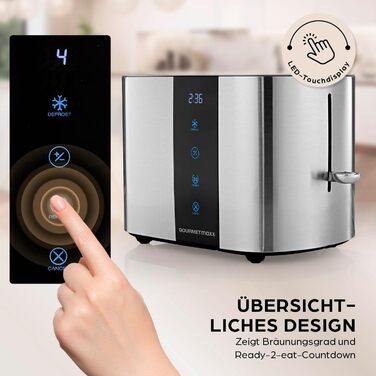 Тостер GOURMETmaxx Kurzschlitz для 2 тостів | Тостер антрацитового кольору з 6 рівнями підсмажування та таймером | Електричний тостер з сенсорним дисплеєм, насадкою для бургерів та функцією підігріву (з нержавіючої сталі)