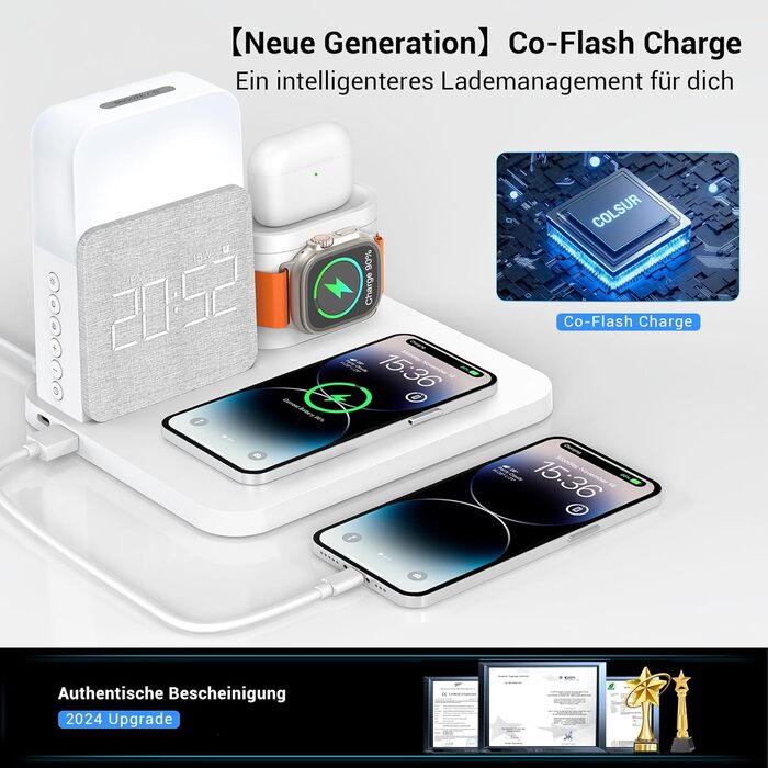 Бездротова зарядна станція COLSUR 3 в 1 для iPhone, Apple Watch, AirPods, 15W швидка зарядка, настільна лампа з годинником і зарядкою, біла