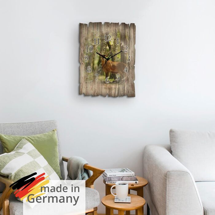 ARTLAND Wall Decor Wall Clock without Ticking Sound, Wood Quartz Clock, 30x40 cm, Rectangular, Silent, Nature, Animals, Deer, Forest, Landscape, Original, Nordic, T5YP