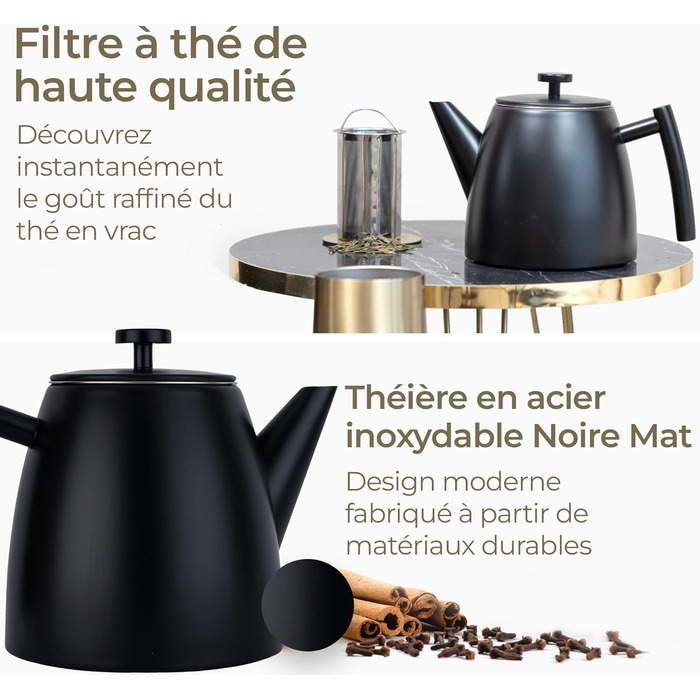 Teapot | Stainless Steel 1L | Teapot with Infuser | Stainless Steel Teapot | Stove for Teapot | Teapot with Stove | Tea Maker | Double-Walled (Black)