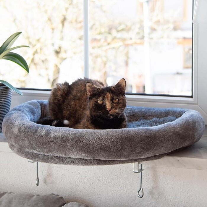 Kerbl Pet Window Hammock, Elevated Resting Place for Cats, Padded Edge, Soft Plush Cover, Sturdy Wooden Construction, Adjustable to Window Sill Depth, 55x35x10 cm, Grey