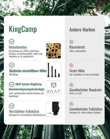 Складний стіл KingCamp з бамбука з UV-захистом, регульований по висоті, для кемпінгу, саду, грилю, пікніка, офісу (100x70 см)