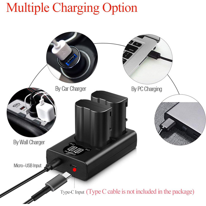 Акумулятори EN-EL15 (2 шт) та зарядний пристрій Dual LED USB для Nikon Z6, Z7, Z8, D7500, D7000, D850 та ін.