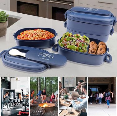 Ланчбокс Brotdose 2-ярусний, 1550 мл, з ложкою та виделкою, BPA Free, для дорослих, блакитний