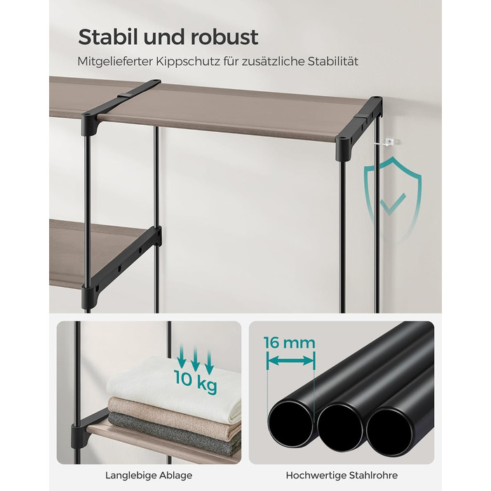 SONGMICS Шафа для одягу, вішалка для одягу, окрема гардеробна, з вішалкою для одягу, вішалка для одягу, полиці з тканини, металевий каркас, 182 x 43 x 182 см, RYG037B02 (Taupe)