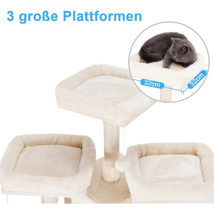 Великий котячий будиночок Hey-brother Kratzbaum XXL, 180 см, стабільний з сизалевим мотузком, велике дряпальний борд, кошик, 3 платформи та 2 будиночки (Бежевий)