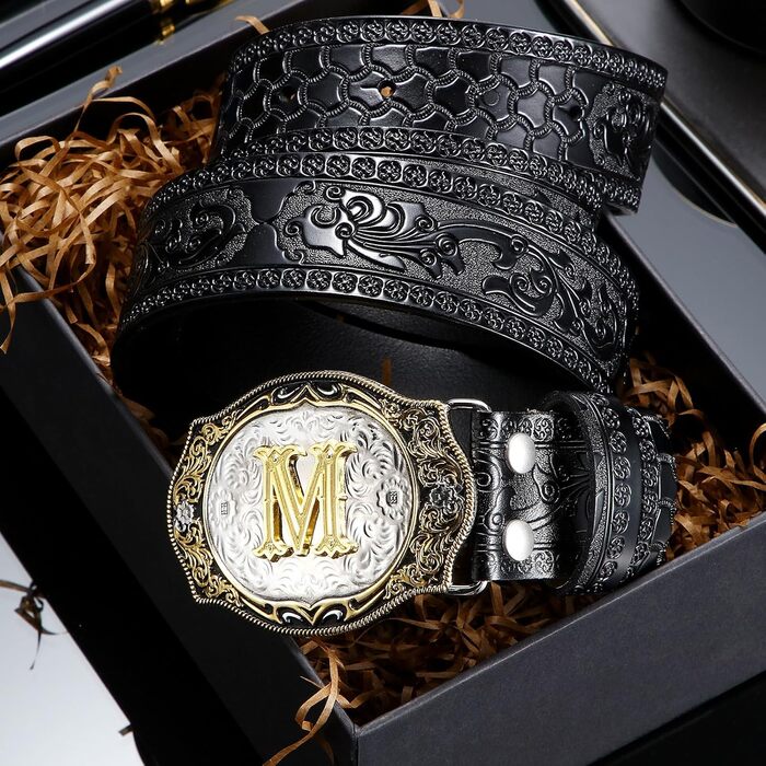 Шкіряний чоловічий ремінь у стилі вестерн Jadive з пряжкою-літерою M, ковбойський пояс для джинсів та родео