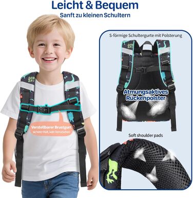 Дитячий рюкзак Bagseri для дівчаток 15L, легкий рюкзак для школи, дитячий сад та 1-2 класи, з нагрудним ременем та ізотермічним відділенням, формат DIN A4, з світловідбиваючими елементами (чорний динозавр)