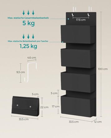 Органайзер для шафи SONGMICS з 4 кишенями, підвісна полиця, органайзер для гардеробу, підвісне зберігання, органайзер для дверей, спальня, вітальня, 2 x 33,5 x 00 см, RDH04G (2, Чорний)